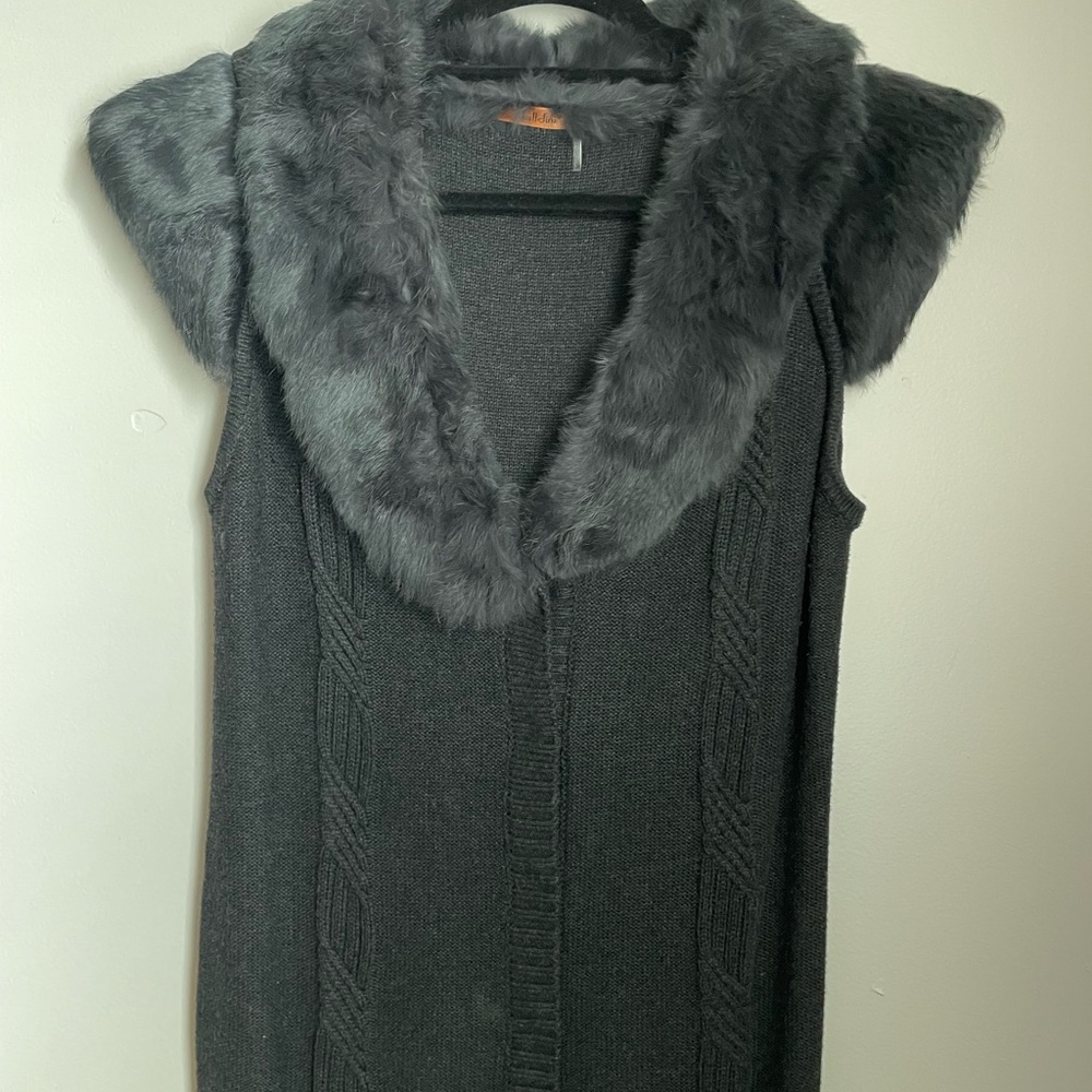 Elegant Charcoal V-Neck Sweater with Fur Collar and sleeves